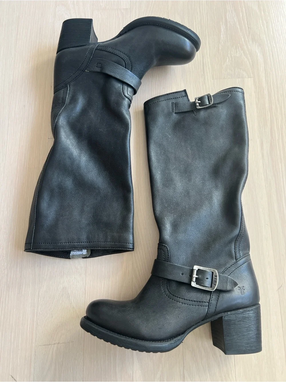 Frye Black Leather Over-the-Knee Buckle Boots